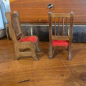 Set of 2 Vtg 1980's Dark Wood Red Seat Miniature 1:12 Scale Dining Room Chair